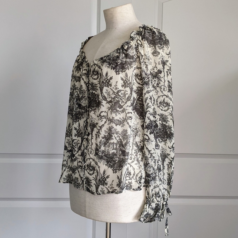 PAIGE Blouse 100% Silk Semi-Sheer Long Sleeves Toile Print Black Parchment S NWT - Picture 13 of 16
